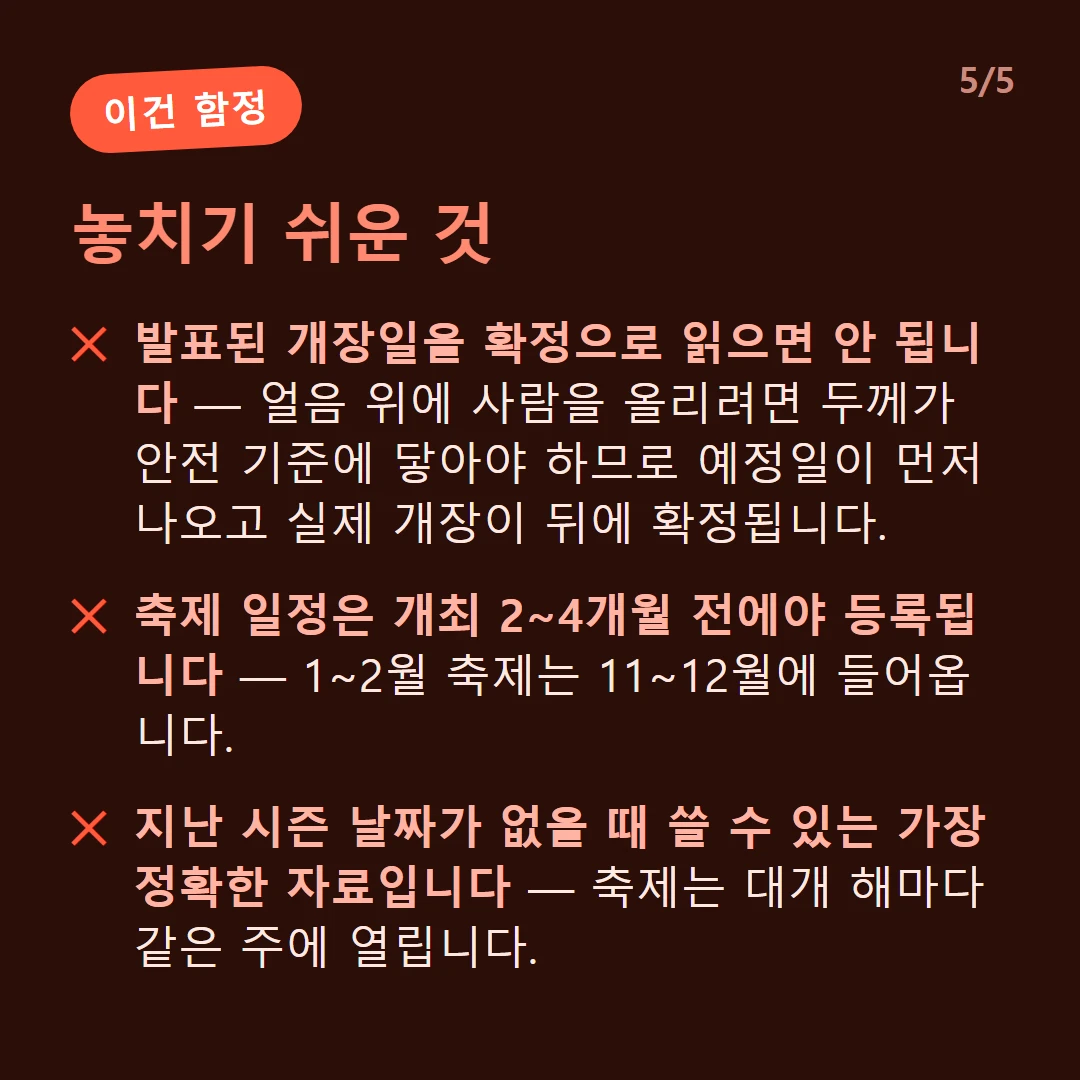 놓치기 쉬운 것 — 발표된 개장일을 확정으로 읽으면 안 됩니다 — 얼음 위에 사람을 올리려면 두께가 안전 기준에 닿아야 하므로 예정일이 먼저 나오고 실제 개장이 뒤에 확정됩니다. / 축제 일정은 개최 2~4개월 전에야 등록됩니다 — 1~2월 축제는 11~12월에 들어옵니다. / 지난 시즌 날짜가 없을 때 쓸 수 있는 가장 정확한 자료입니다 — 축제는 대개 해마다 같은 주에 열립니다.