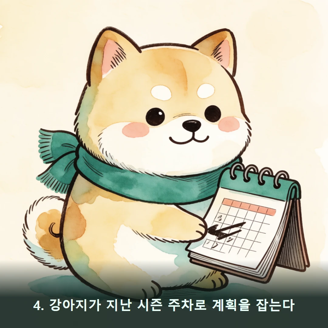 웹툰 4컷 — 4. 강아지가 지난 시즌 주차로 계획을 잡는다