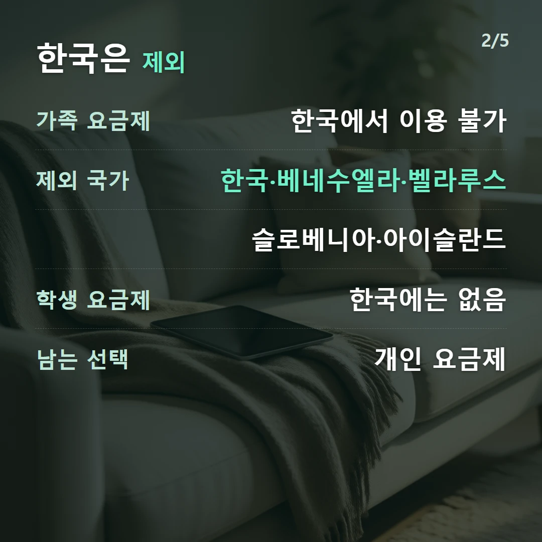 한국은 제외 — 가족 요금제 한국에서 이용 불가, 제외 국가 한국·베네수엘라·벨라루스, 슬로베니아·아이슬란드, 학생 요금제 한국에는 없음, 남는 선택 개인 요금제